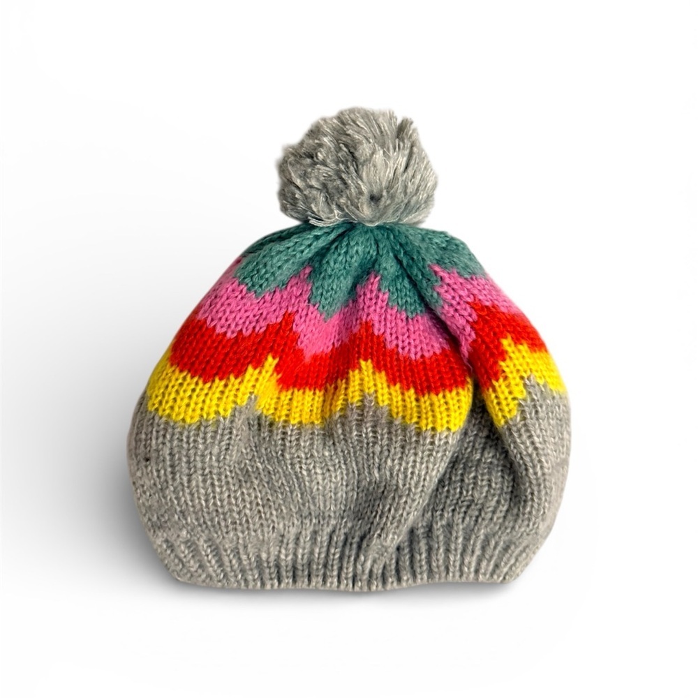 Mini Boden Gray Knit Hat with Pink, Red, Yellow, and Green Accents. Size XS